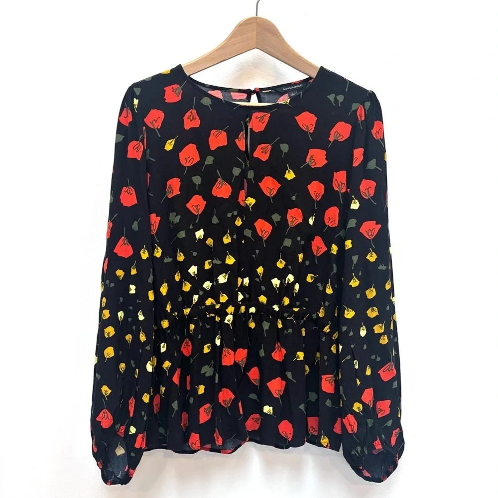 Banana Republic Dark Floral Keyhole Peplum Top Boho Rose Petal Black Red Size XL - Picture 2 of 9